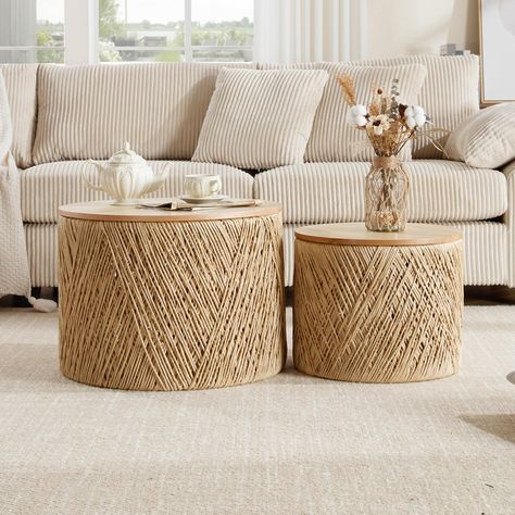 PRICES MAY VARY. [Elegant Design]: This nesting coffee tables set includes two round nesting tables with a sense of space and hierarchy and natural wood finish, featuring a sophisticated hand woven design that adds a touch of rustic charm to any living space [High-Quality Materials]: Crafted from durable wood, these wood coffee tables are built to last, offering both stability and a timeless aesthetic that complements various interior styles [Space-Saving Solution]: The nesting design allows the Coffee Table Substitute, Apartment Neutral Decor, Best Coffee Table For Sectional Sofa, Narrow Coffee Table Small Spaces, Small Beach Apartment Decor, Boho Living Room Table, Coffee Table Ideas For Small Spaces, Furniture Placement Small Living Room, Coffee Table Alternative Ideas