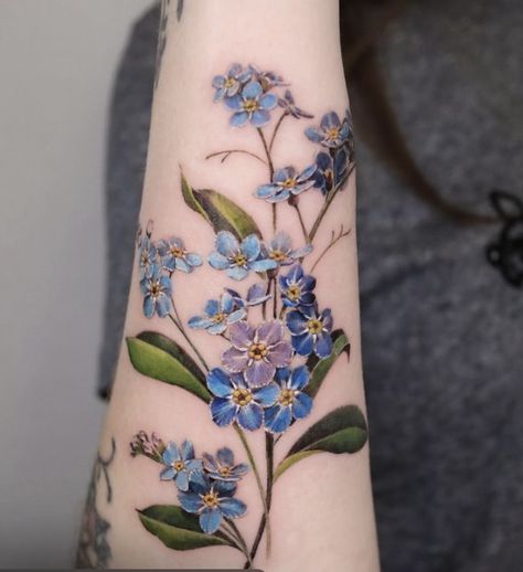 Forget Me Not Tattoo, Colour Tattoo For Women, Flower Thigh Tattoos, Garden Tattoos, Beautiful Flower Tattoos, Vine Tattoos, Back Of Shoulder Tattoo, Birth Flower Tattoos, Cute Tattoos For Women