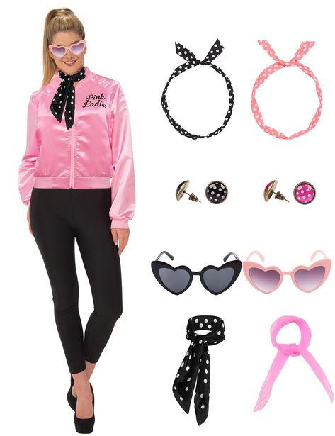 PRICES MAY VARY. Complete 50s Pink Lady Grease Costume Set: Transform into a '50s icon with our women's 50s costumes! This set includes a Pink Satin Jacket, Polka Dot Scarf, pink scarf, black and pink headband, black and pink earrings, black and pink glasses, and pants. Elevate your retro look! Accurate Sizing for the Perfect Fit: Flaunt your style confidently! Our women Grease costumes are designed with accurate sizing guidance. Refer to the size chart for the perfect fit, ensuring you look and Pink Lady Outfit Grease, Grease Aesthetic Outfits, Grease First Birthday, Pink Ladies Grease Hairstyles, 50s Theme Outfit, Grease Outfits Ideas, 50s Costume Women, 50s Outfit Ideas, Pink Costume Ideas