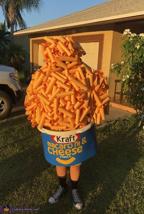 Cindy: My macaroni and cheese costume is made out of a 30 gallon grower nursery pots and yellow paper rolled up and hot glue gun to his shirt he took me... Mac N Cheese Halloween Costume, Max And Cheese Costume, French Fry Halloween Costume, Macaroni Costume, Macaroni And Cheese Costume, Macaroni And Cheese Costume Diy, Mac And Cheese Costume, Mac And Cheese Costume Diy, Kraft Mac And Cheese Costume