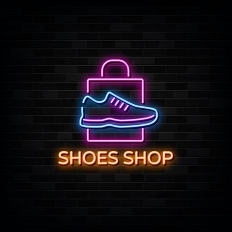 Shoes shop neon signs vector | Premium Vector #Freepik #vector #logo #fashion #shopping #shop Fashion Shop Logo Design, Sneaker Logo Idea, Shoes Shop Design, Shopping Logo Design, Shoe Logo Ideas, Shoe Logo Design, Sneaker Logo, Logo Online Shop, Shoe Template