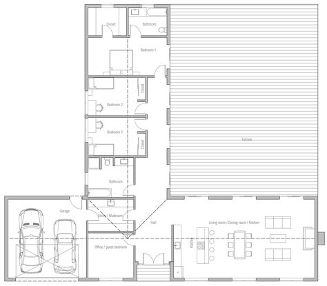 house design house-plan-ch389 10 T Shaped Floor Plans, T Shape Floor Plans, Floor Plan L Shape, Acerage Homes Floor Plans, L Shaped Modern House, L Shape House Plans, L Shaped Floor Plans, L Shape House, Rectangle House