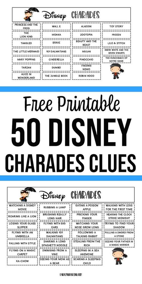 So fun! This Disney themed charades for kids printable game is a fun and easy family activity. Kids will have a blast acting out clues from the word list using Disney movie titles and actions. Click to get the 50 clues to print out at home. Makes a fun kids activity especially at a Disney birthday party! Charades is a great party game for kids. Kida Disney, Charades For Kids, Disney Activities, Charades Game, Disney Birthday Party, Tema Disney, Family Fun Night, Disney Games, Disney Day