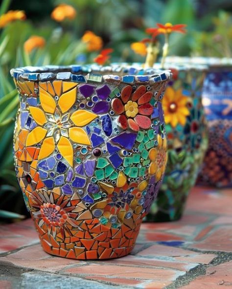 Transform spare garden pots into creative masterpieces with these 9 brilliant ideas Broken Pottery Ideas, Mosaic Garden Ideas, Mosaic Vases, Glass Crafts Diy, Garden Mosaics, Mosaics Art, Mosaic Pot, Terra Cotta Pot Crafts Diy, Mosaic Art Diy