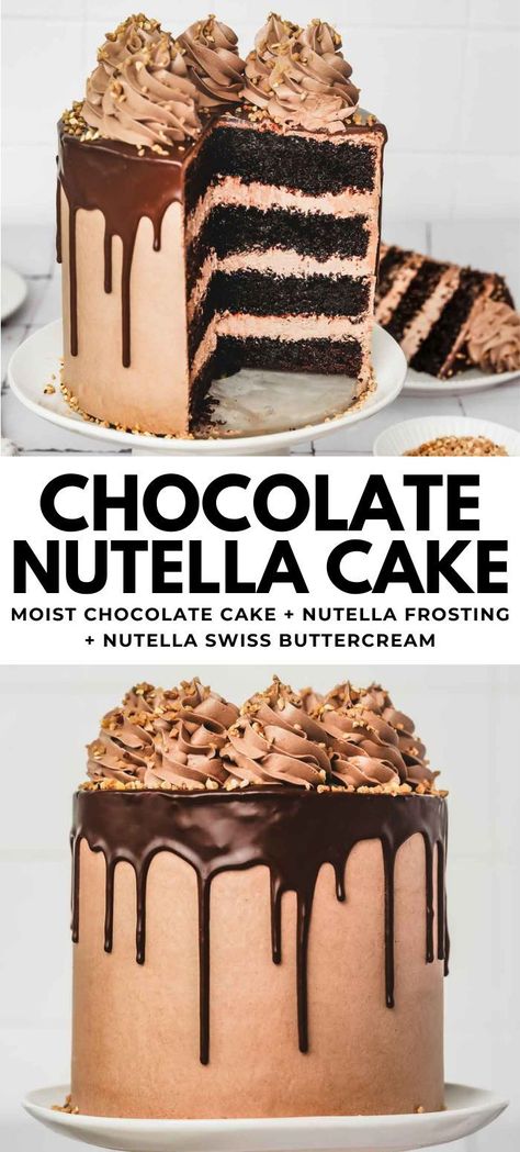 Craving something extraordinary? Our Chocolate Nutella Cake is here to steal the show! Crafted with love from moist chocolate layers, this masterpiece is a delight for all senses. Complete with Nutella Swiss buttercream and a light Nutella frosting, it's a decadent treat for birthdays or any celebration. Easy to whip up from scratch, it's a must-try for Nutella lovers! Chocolate Lovers Birthday Cake, Chocolate Nutella Cake Recipe, Nutella Layer Cake, Nutella Drip Cake, Nutella Mousse Cake, Nutella Cake Design, Chocolate Nutella Cake, Nutella Cakes, Nutella Cake Filling