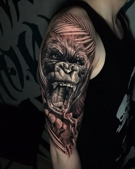 Gorilla Lion Tattoo, Gorilla Leg Tattoo, Gorilla Neck Tattoo, Gorilla Shoulder Tattoo, Gorilla Tattoo Sleeve, Gorila Tattoos, Gorilla Hand Tattoo, Jungle Animal Tattoos, Angry Gorilla Tattoo