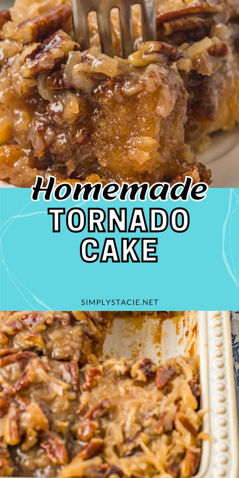 Two image collage of tornado cake. First image is the cake on a plate with a fork in it. Second image is the cake in a pan with a piece cut out. Pineapple Pecan Coconut Cake, Nutty Cake Recipes, Franklin Nut Cake Recipe, Pineapple Nut Cake, Pineapple Summer Cake, Do Nothing Tornado Cake Recipe, Do Nothing Cake Recipe, Yummy Cake Recipes Homemade, Pecan Cake Recipes Homemade