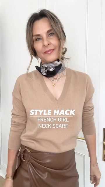 Silk Neck Scarf Outfit, Neck Scarf Outfit, Silk Scarf Outfit, Scarf Outfit Winter, French Scarf, Scarf Wearing Styles, Diy Fashion Scarf, Silk Scarf Style, Ladies Style