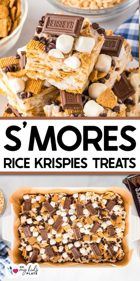 Smores Rice Krispies Treats Smores Rice Krispies, Smores Krispie Treats, Loaded Rice Crispy Treats, S’mores Rice Krispy Treats Ideas, Smores Rice Krispie Treats, Easy Treats To Make With Kids, Smore Rice Krispie Treats, Smores Casserole, Smores Rice Crispy Treats