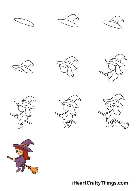 How To Draw A Witch Easy, How To Draw A Witch On A Broom, Halloween Drawings Easy Step By Step, Witch Doodles Easy, How To Draw A Witch Step By Step, Halloween How To Draw, Step By Step Halloween Drawing, Draw Halloween Art Easy, Simple Witch Drawing