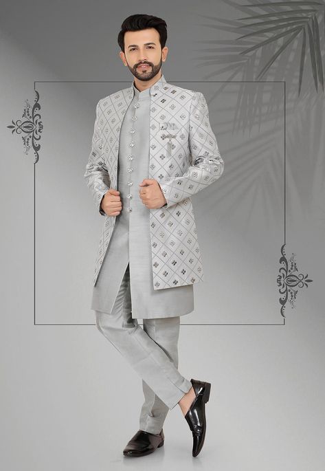 Embroidered Art Silk Sherwani in Light Grey : MYV991 Grey Sherwani For Men, Grey Sherwani, Kurta Set With Jacket, Mens Activewear Fashion, Indian Wedding Suits Men, Indian Wedding Clothes For Men, Sherwani For Men Wedding, Wedding Kurta For Men, Grey Suit Men