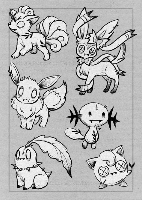 #Pokémon #Tattoo #Tattooideas #Pokémontattoo #Halloweentattoo #smalltattoo #cutetattoo #halloweenvibes #spookytattoo #eevee #eeveetattoo #evoli #evolitattoo Creepy Cute Flash Tattoo, Creepy Pokemon Tattoo, Cute Eevee Tattoo, Stipple Tattoo Flash, Ghost Type Pokemon Tattoo, Pokémon Flash Tattoo, Pokemon Halloween Tattoo, Video Game Flash Tattoo, Pokemon Card Tattoo