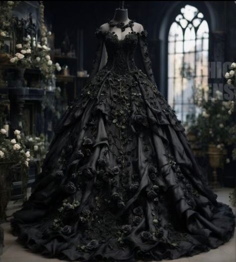 Black Gothic Ball Gown, Ghost Wedding Aesthetic, Black Victorian Wedding Dress, Goth Victorian Dress, Black Wedding Dresses Gothic, Fairytale Dress Aesthetic, Vampire Ball Gown, Ghost Wedding, Black Fantasy Dress