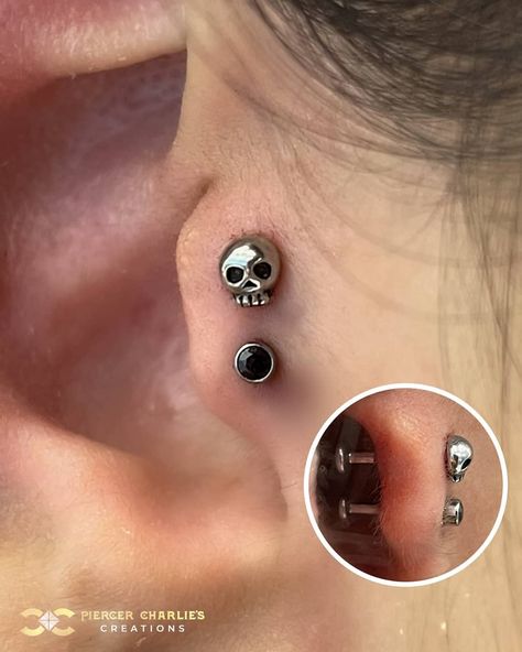 Piercer Charlie's Creations on Instagram: “Double Tragus Piercing with our mini skull and a tiny black cz stud. ​ ​Find Ireland's largest collection of Fine Jewellery in-store at 7…” Spooky Ear Curation, Goth Piercings Ear, Goth Helix Piercing, Double Tragus Piercing, Gothic Black Nickel-free Cartilage Earrings, Double Tragus, Skull Helix Earring, Ear Style, Tragus Piercing