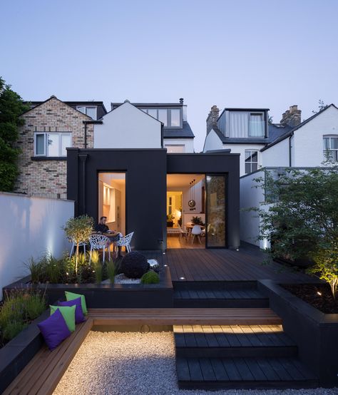 Terrace House Exterior, Black Cladding, Rendered Houses, Flat Roof Extension, Side Return Extension, Contemporary Deck, Green Roof System, Extension Plans, House Extension Plans