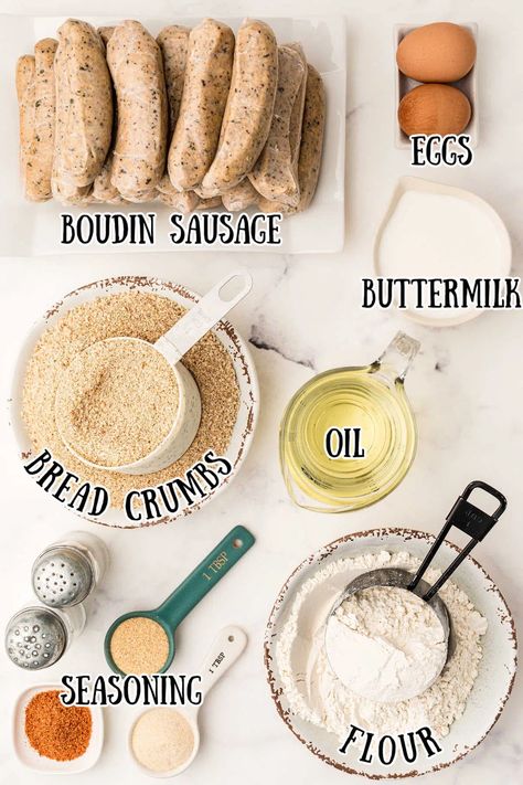 ingredients for boudin balls, starting with boudin sausage and eggs, flour, seasoning, breadcrumbs How To Cook Boudin, Boudin Balls Recipe, Boudin Recipe, Boudain Recipes, Boudin Sausage, Sausage And Eggs, Boudin Balls, Fun Meals, Mustard Cream Sauce