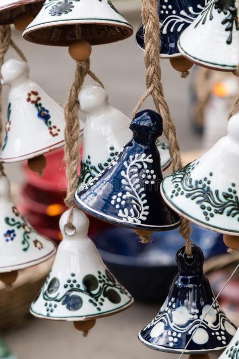 Deccorative ceramic bells stock image. Image of chimes - 71754475 Ceramic Ornaments Pottery, Pottery Bells, Holiday Pottery, Ceramic Bells, Clay Christmas Decorations, Ceramic Christmas Decorations, Pottery Ornaments, Ceramic Bell, Pottery Painting Designs