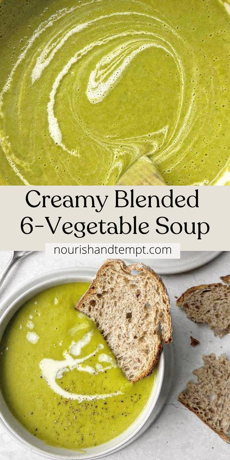 A green blended soup in a bowl and pot topped with a swirl of cream and with a slice of bread dunked in the bowl. Veggie Broth Recipe Dinners, Everything Soup Recipe, Veggie Soup Blended, Vegetable Blended Soup, Mediterranean Food Vegetarian, Low Cal Vegetable Soup, Delicious Vegetable Soup, Savory Pureed Food, Soup Recipes Smooth