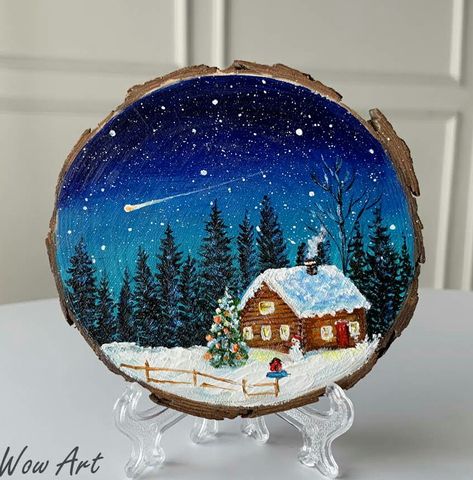 Round Christmas Painting, Painted Wooden Rounds, Winter Scenery Paintings, Christmas Painting On Wood Slices, Wooden Painting Ideas, Christmas Ornament Painting Ideas, Festival Paint, Handpainted Christmas Ornaments, Diy Christmas Paintings