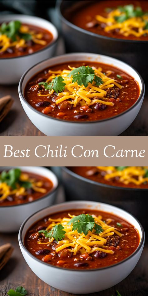 Make the best Chili Con Carne with this recipe! Full of ground beef, spices, and beans, it’s perfect for a hearty and delicious meal. Chili With Ground Pork And Beef, Chili With Beans And Ground Beef, Chili Recipes With Beef, Easy Ground Beef Chili, Chili Recipe With Corn, Ground Beef Chili Recipe, Beef Spices, Chili Con Carne Recipe, Carne Recipe