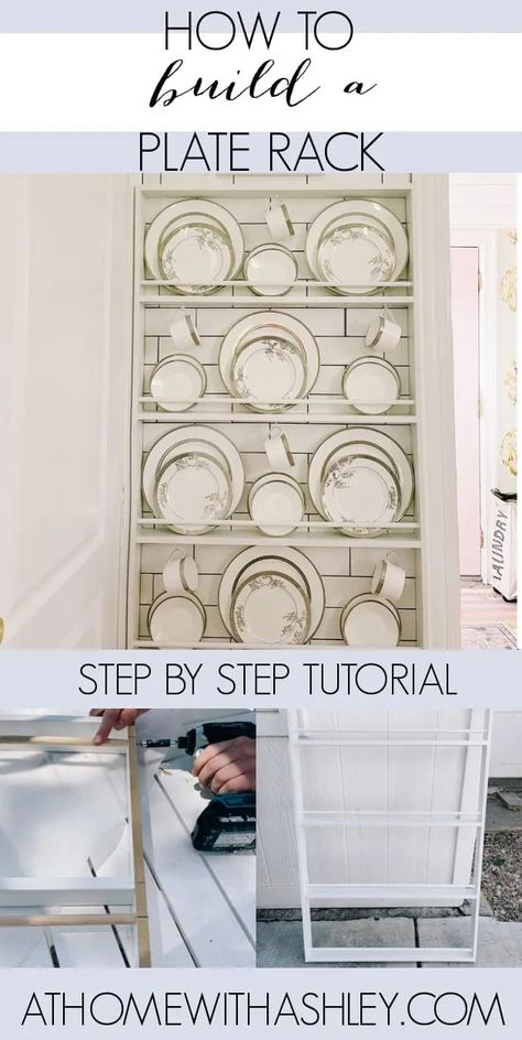 Plate Racks Wall Display Kitchens, China Rack Plate Display, Plate Rack Diy How To Build, Diy Kitchen Plate Rack, Plate Display Wall Shelf, Farmhouse Wall Plate Rack, How To Make A Plate Rack, Diy Dish Rack Cabinets, Wall Mount Platter Rack