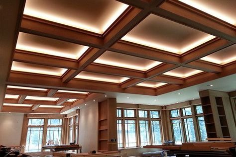 Coffered Ceiling Lighting, Waffle Ceiling, Coffered Ceiling Design, Wooden Ceiling Design, House Ceiling Design, Ceiling Design Living Room, Ceiling Detail, Ceiling Light Design, Wooden Ceilings