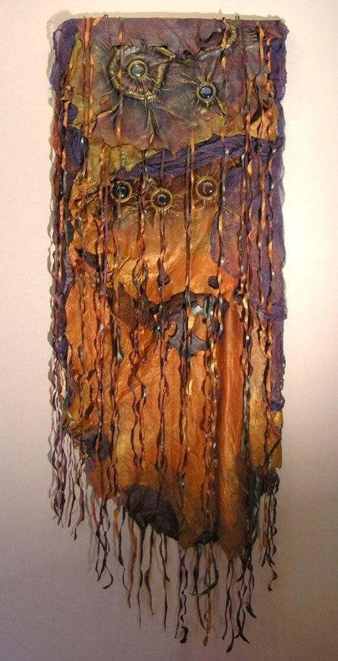 "Leather wall hanging \" Cha-Cha\" by artist Elzbieta Bittner . Made out of genuine leather , fiber and glass , hand painted . Size 72\" X 27\" or 188 cm X 68 cm . One-of-a kind item ." Leather Wall Hanging, Rust Dyed Fabric, Rust Dye, Felt Wall Hanging, Abstract Art Images, Fiber Art Projects, Dorset Buttons, Fiber Sculpture, Weaving Wall Hanging