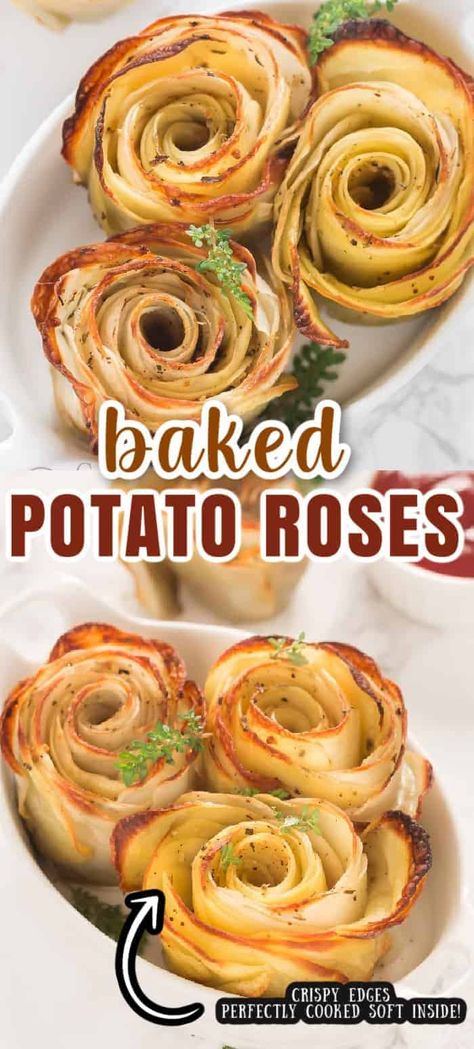 baked potato roses Fancy Potatoes Side Dishes Holidays, Fancy Scalloped Potatoes, Elegant Potato Side Dishes, Valentines Side Dishes, Flat Potatoes, Potato Rosettes, Potato Flowers Recipe, Fancy Potato Recipes, Fancy Potatoes