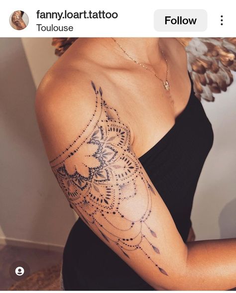 Mandala Tattoo Hip, Mandala Elbow Tattoo Women, Shoulder Mandala Tattoo, Mandala Shoulder Tattoo, Bohemian Tattoo Sleeve, Mandala Arm Tattoo, Mandala Tattoo Shoulder, Lace Sleeve Tattoos, Mandala Arm Tattoos