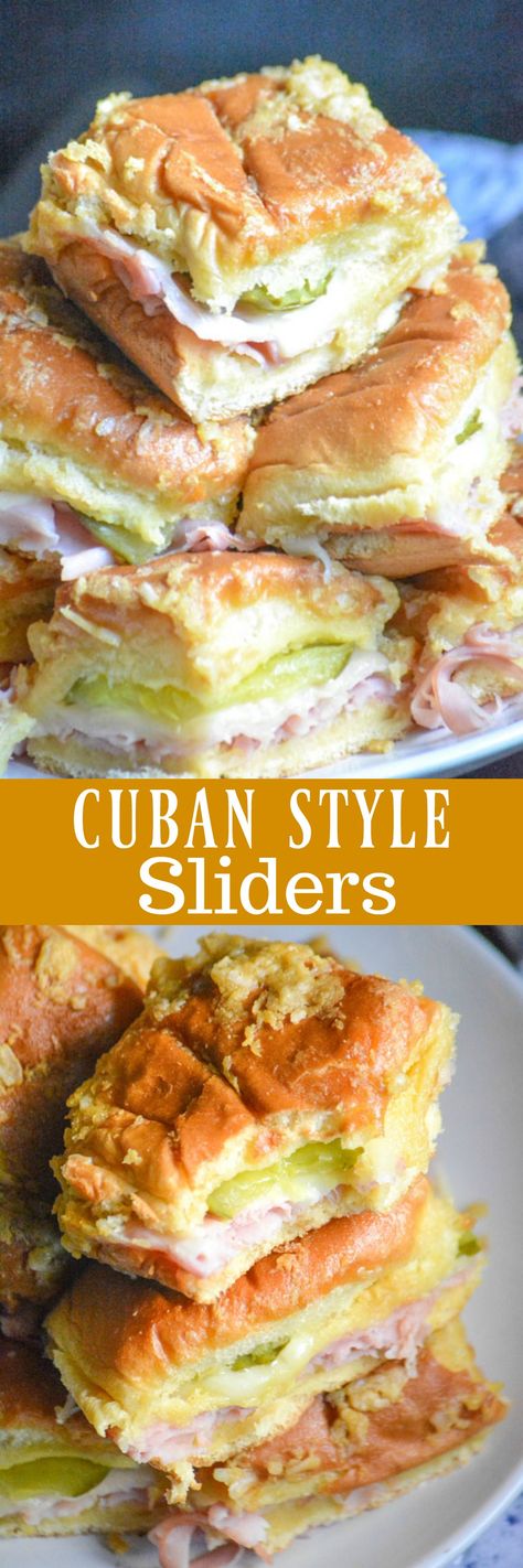 Whether you're in it to win it with your favorite team, or looking to wow your Holiday guests this season- these Cuban Style Sliders are the perfect finger food to have on hand. Sweet Hawaiian rolls, layers of deli ham, melted Swiss, and crisp dill pickles, are sandwiched in between toasted buns spread with a buttery mustard onion spread. It's the perfect appetizer, or lunch, for a crowd. Recipes Sliders, Cuban Recipe, Sweet Hawaiian Rolls, Pilsbury Recipes, Sliders Recipes, Recipes Sandwiches, Wraps Recipes, Slider Sandwiches, Cuban Style