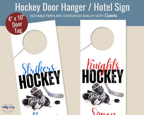 Hockey Team Hotel Door Signs, Hockey Hotel Door Signs, Team Door Hangers, Hockey Door Signs Hotels, Hockey Tournament Door Signs, Hockey Projects, Hotel Door Hanger, Locker Room Decorations, Hanger Game