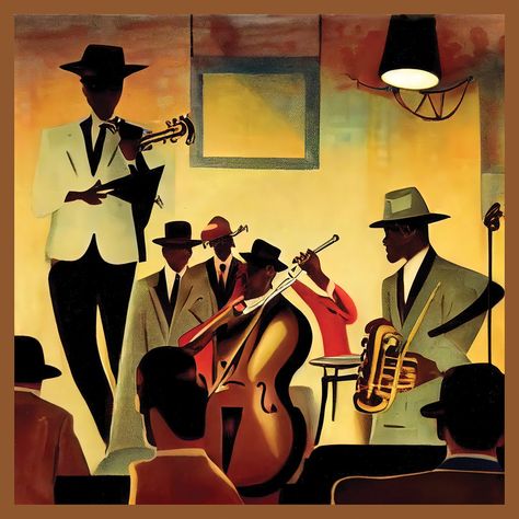 1950s Jazz Aesthetic, Jazz Cartoon Aesthetic, 20s Jazz Aesthetic, 70s Jazz Aesthetic, Jazz Club Painting, Black Jazz Aesthetic, Jazz Spotify Playlist Cover, 50s Jazz Aesthetic, Vintage Jazz Poster