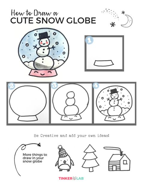 How to Draw a Cute Snow Globe Directed Drawing Winter For Kids, Snowglobe Art For Kids, How To Draw A Snowglobe, How To Draw A Snow Globe, January Directed Drawing For Kids, How To Draw Winter Things, Directive Drawing For Kids, Snowglobe Doodle, Winter Drawing Ideas Easy