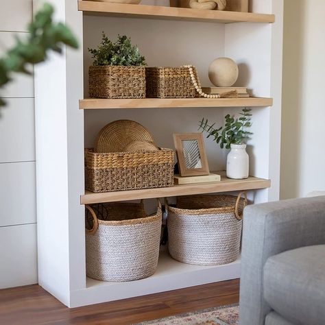 Shelves With Baskets For Storage, Wicker Basket Ideas, Living Room Basket Decor, Wicker Basket Decor Ideas, Wicker Basket Decor, Basket Decor Ideas, Organizing Bathroom, Storage Baskets For Shelves, Living Room Baskets