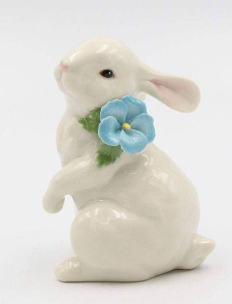 Figurine, Fimo, Rabbit Standing, Standing Bunny, Porcelain Rabbit, Blue Pansy, Porcelain Sculpture, Esther Williams, Standing Rabbit