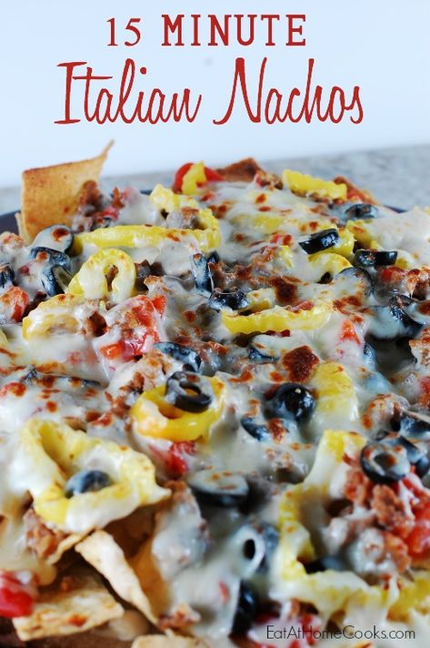 Italian Sausage Nachos, Different Kinds Of Nachos, Italian Nachos, Creamy Alfredo Sauce, Cauliflower Sauce, Pasta Chips, Eat At Home, Nacho Chips, Banana Peppers