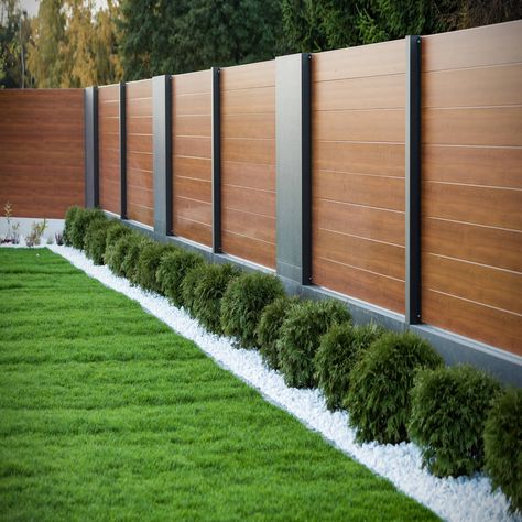 Here you will find photos of interior design ideas. Get inspired! Modern Aluminum Fence, House Fence Design, Casa Clean, Modern Fence Design, Backyard Landscaping Plans, Small Backyard Landscaping Ideas, Cool Tree Houses, Fence Lighting, Diy Backyard Landscaping