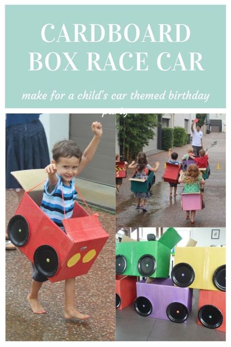 Box Car Diy Cardboard, Preschool Cardboard Box Car, Cardboard Box Racing Car, Traffic Birthday Party Theme, Cars Out Of Cardboard Boxes, Box Race Car Cardboard, Cardboard Box Race Car, Make A Car Out Of A Box Kids, Cardboard Cars Diy