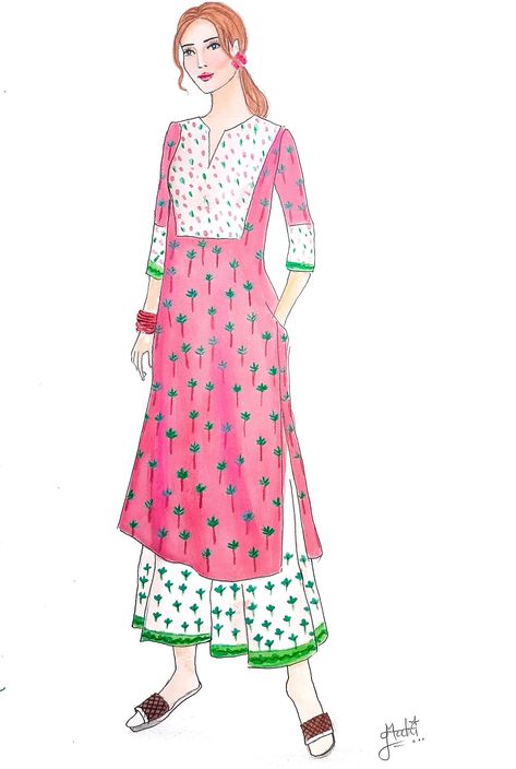 Kurti Design Drawing, Kurta Illustration Sketch, Kurti Illustration Sketch, Kurta Drawing, Kurta Illustration, Kurti Illustration, Symmetrical Pictures, Designing Sketches, Illustration Figures