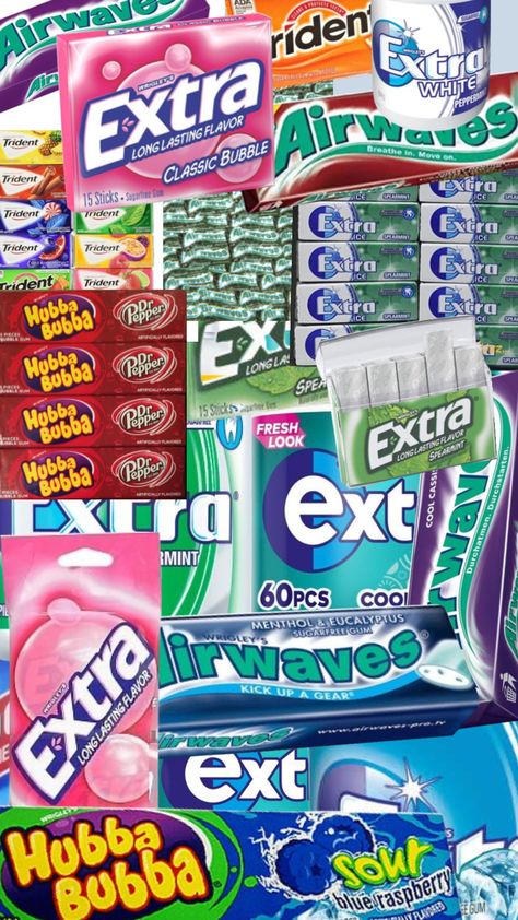 Extra Gum Flavors, Buble Gum, Middle School Essentials, Marshmello Wallpapers, Extra Gum, School Emergency Kit, Mint Aesthetic, Gum Flavors, Candy Birthday Cakes