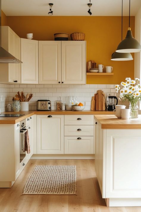 Modern kitchen with cream cabinets, wooden countertops, and a yellow accent wall, featuring a vase of daisies. White And Yellow Kitchen Ideas, Basement Kitchen Colors, Kitchen Nook Paint Colors, Dark Yellow Kitchen Cabinets, Kitchen With Yellow Countertops, White Cabinet Wall Color, Colourful Modern Kitchen, Small Bungalow Kitchen Ideas, Kitchen Paint Colors White Cabinets