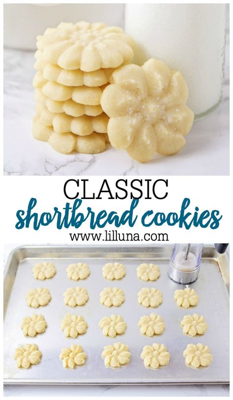 These delicious buttery shortbread cookies just melt in your mouth! Best of all, they only take a small handful of common ingredients to make! #shortbreadcookies #shortbread #cookies #dessert #5ingredients Best Shortbread Cookie Recipe, Cookie Press Recipes, Best Shortbread Cookies, Shortbread Cookies Recipe, Spritz Cookie Recipe, Buttery Shortbread Cookies, Buttery Shortbread, Shortbread Cookie Recipe, Spritz Cookies