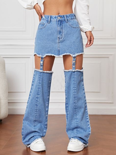 Recycle Pants Ideas, Simple Denim Outfits, Recycled Denim Fashion Diy Ideas, Draw Jeans, Recycled Denim Fashion, Pants To Skirt, Detachable Jeans, Skirt From Jeans, Jeans Into Skirt