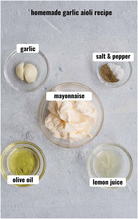 These simple ingredients make the most delicious garlic aioli. This sauce will have you want to dip everything in it. Calamari Dipping Sauce Aioli, Aloi Sauce Garlic Aioli, Steak Aioli Sauce, Garlic Aioli Recipe Easy, Easy Aioli Sauce, How To Make Garlic Aioli Sauce, Aioli For Salmon, Aioli Recipe Easy Mayo, Aoli Sauce Recipes