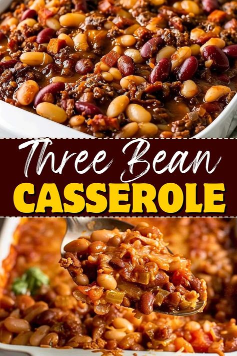 This three-bean casserole is perfect for any gathering! Packed with beans, ground beef, and bacon in a tangy sauce, it's so tasty and satisfying! Bean Casserole Recipes Easy, Three Bean Casserole, Ground Beef And Bacon, Baked Bean Casserole, Bacon Casserole, Savory Sides, Pork N Beans, Hearty Casseroles, Beef Casserole Recipes