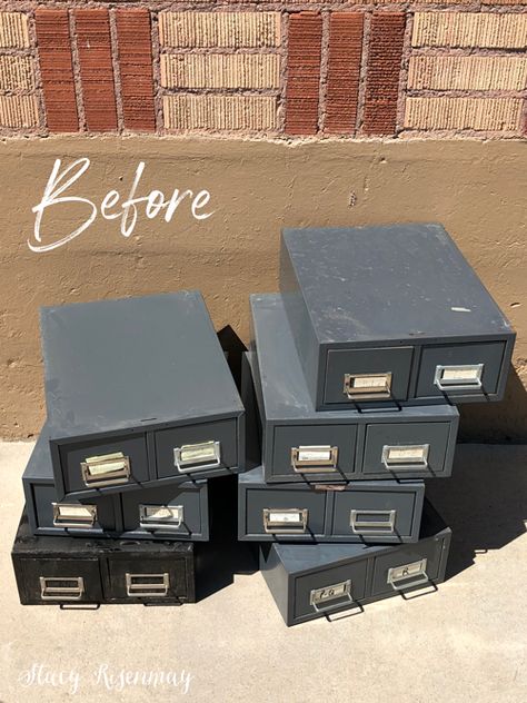 Metal Card Catalog Makeover! #yellow #mustard #cardcatalog #diy #furniture #metalcardcatalog #makeover #cardcatalogpainted #paint #mustardyellow Vintage Metal Card Catalog, Card Catalog Drawers Repurposed, Old Library Card Catalog Drawers, Metal Card Catalog Repurposed, Vintage Metal Cabinet Makeover, File Cabinet Drawers Upcycle, Old Filing Cabinet Ideas, Wood Filing Cabinet Makeover, Metal Drawers Repurposed