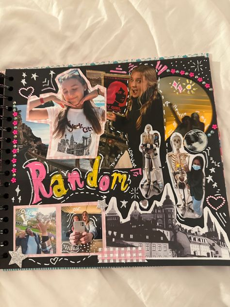 scrapbook idea creative random teen life memory book Aesthetic Photo Scrapbook, Travelogue Ideas For School Project, Black Page Scrapbook, Early 2000s Scrapbook, Scrapbook Ideas Childhood, Scrapbook Ideas For Yourself, Sibling Scrapbook Ideas, Friend Book Diy, Photo Album Front Cover Ideas