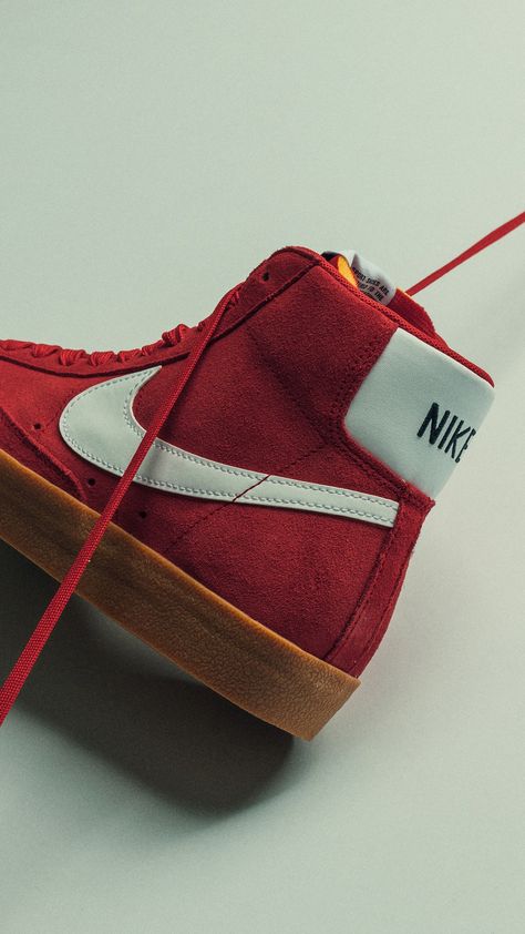 Sporting a vintage look, the Nike Blazer Mid '77 Suede is available online now. Shop Now: https://feature.com/collections/whats-new/products/nike-blazer-mid-77-suede-university-red-white Red Nike Blazer Mid 77, Nike Blazers 77 Vintage, Nike Blazer Kumquat, Red Nike Blazers, Blazer Indigo Nike, Nike Blazer Mid 77 Habanero Red, Nike Blazers, Nike Blazer Mid 77, Nike Blazer Mid