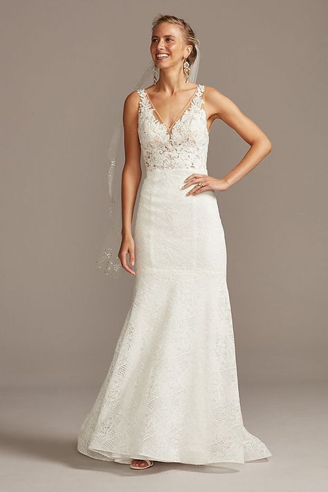 Floral Applique Illusion V-Back Wedding Dress | David's Bridal David Bridal Wedding Dresses, David Bridal, Trumpet Wedding Dress Lace, Sweet Wedding Dresses, Beaded Lace Wedding Dress, Melissa Sweet, Petite Wedding Dress, Wedding Dress Style, Crepe Wedding Dress