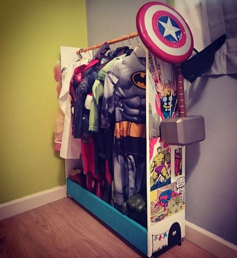 Dressing up rail for Frankie's costumes Superhero Dress Up Storage, Super Hero Costume Storage, Kids Dress Up Storage For Boys, Dress Up Rail Kids, Kids Clothes Rack For Costumes, Superhero Dress Up, Portable Kids Dress-up Storage Closrt, Marvel Bedroom, Dress Up Stations